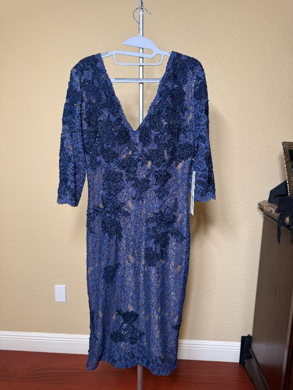 Jovani Navy Blue Beaded Lace Midi Dress Nude Illusion V-Neck NWT Size 10